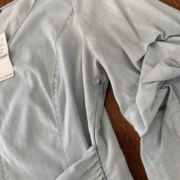 White House Black Market Bell Sleeve Blouse Womens Size 12 Denim Top Preppy Boho - Picture 12 of 14